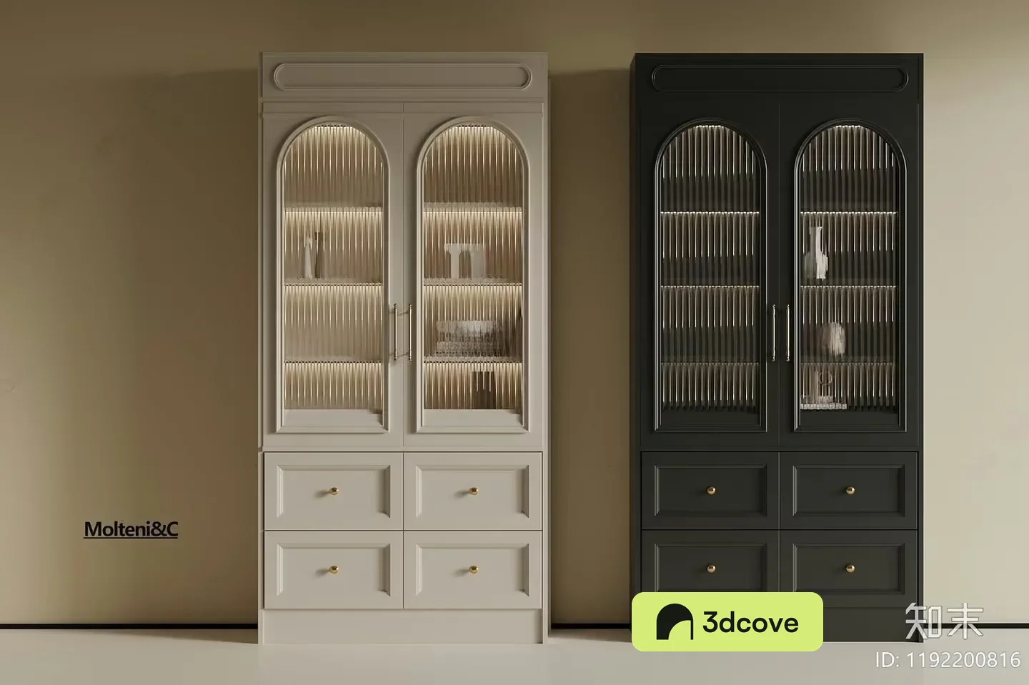 A Cabinet With Drawers And Glass Doors