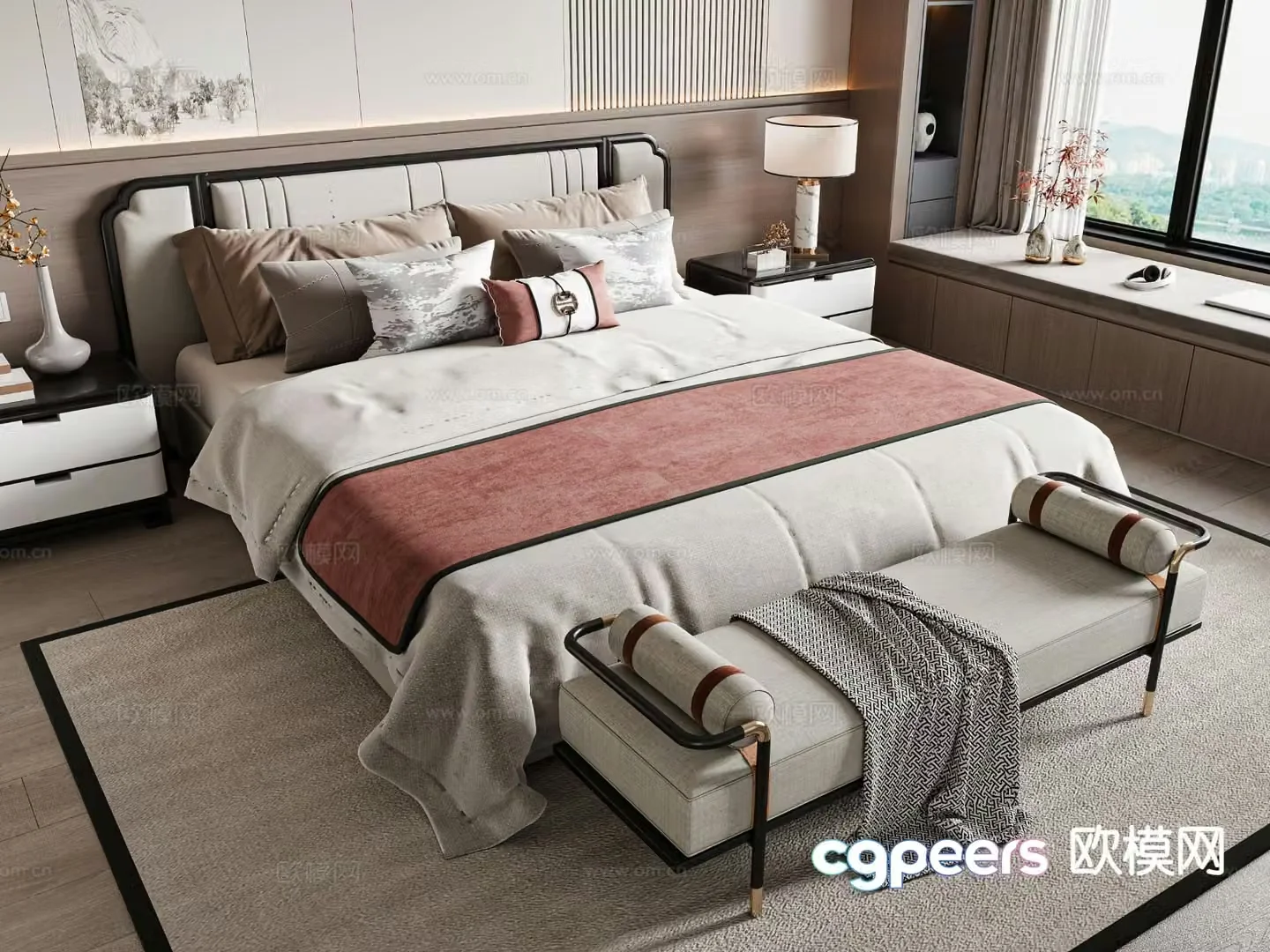 New Chinese style double bed 3d model