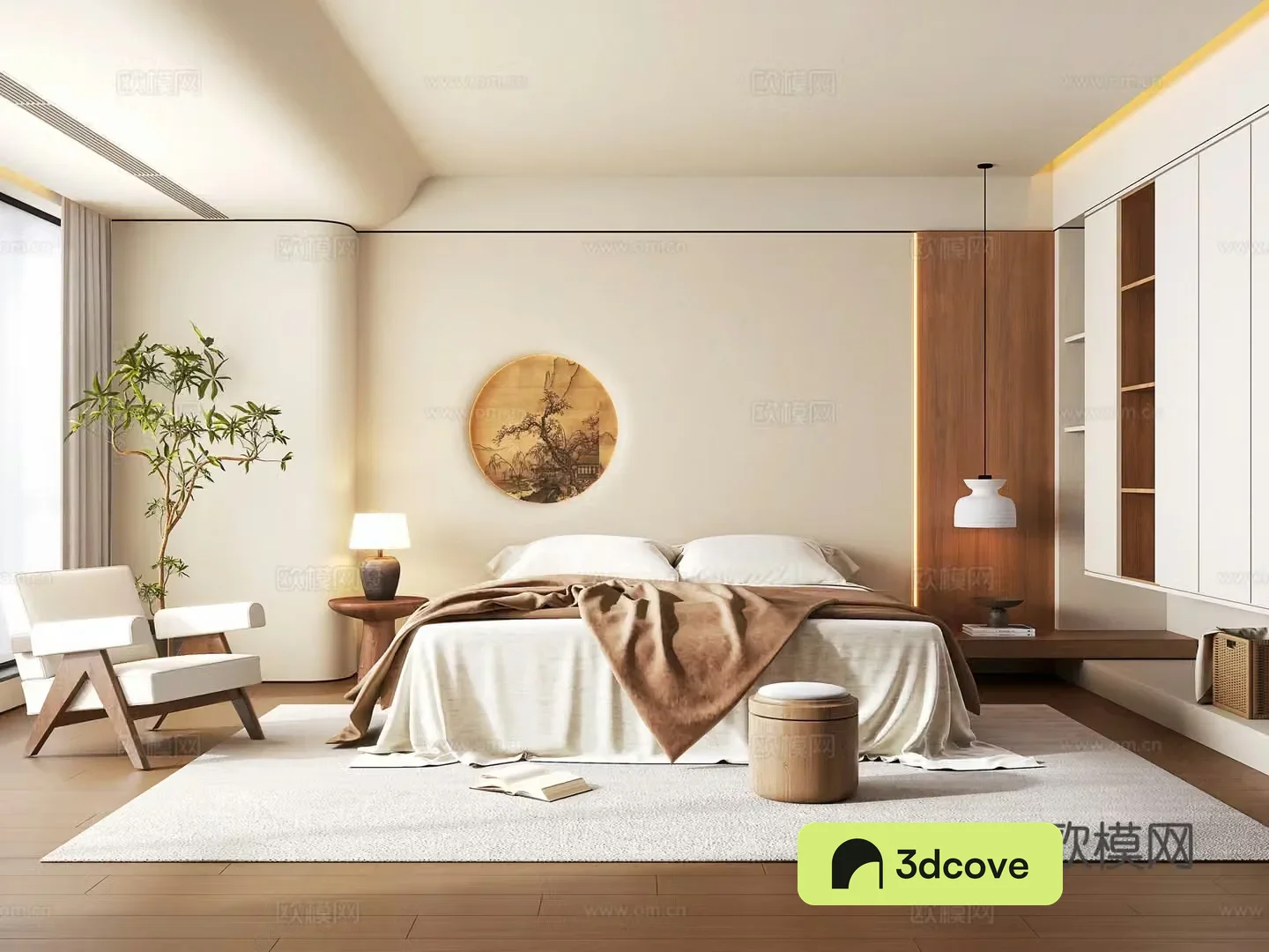New Chinese style home bedroom New Chinese style fabric double bed Bedside table leisure chair Bedside chandelier