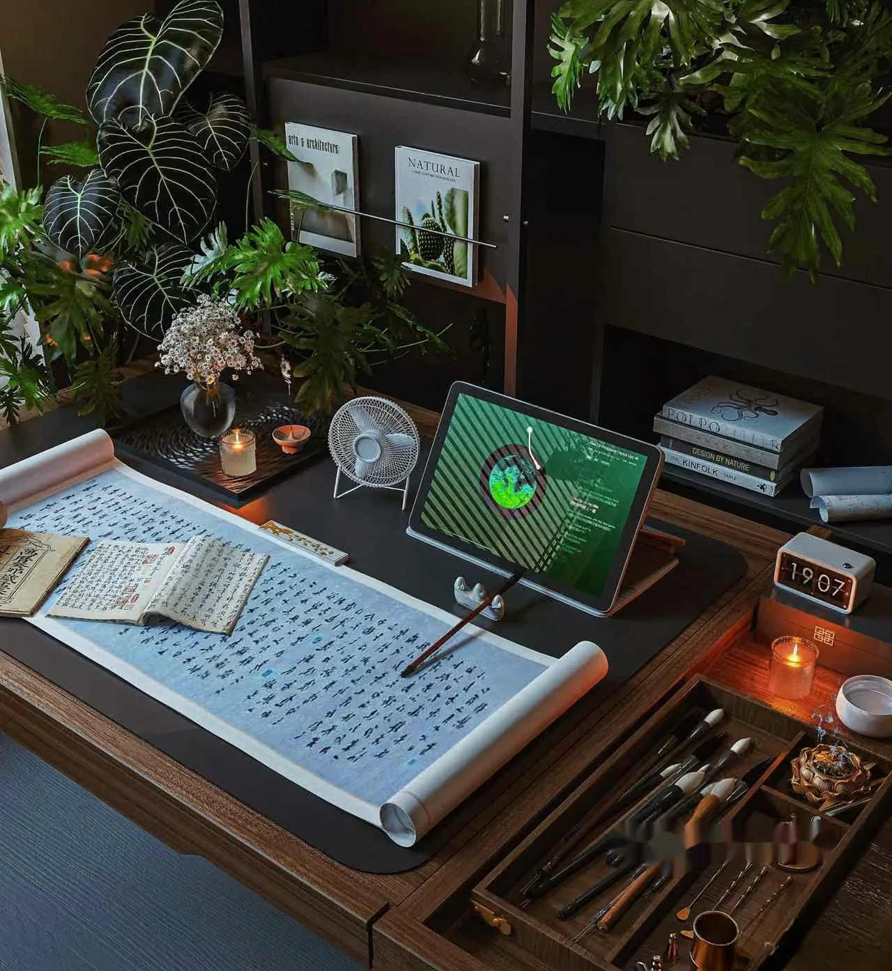 A Wooden Desk With A Computer And Various Office Supplies 3D Model – 18041 – VRAY Render