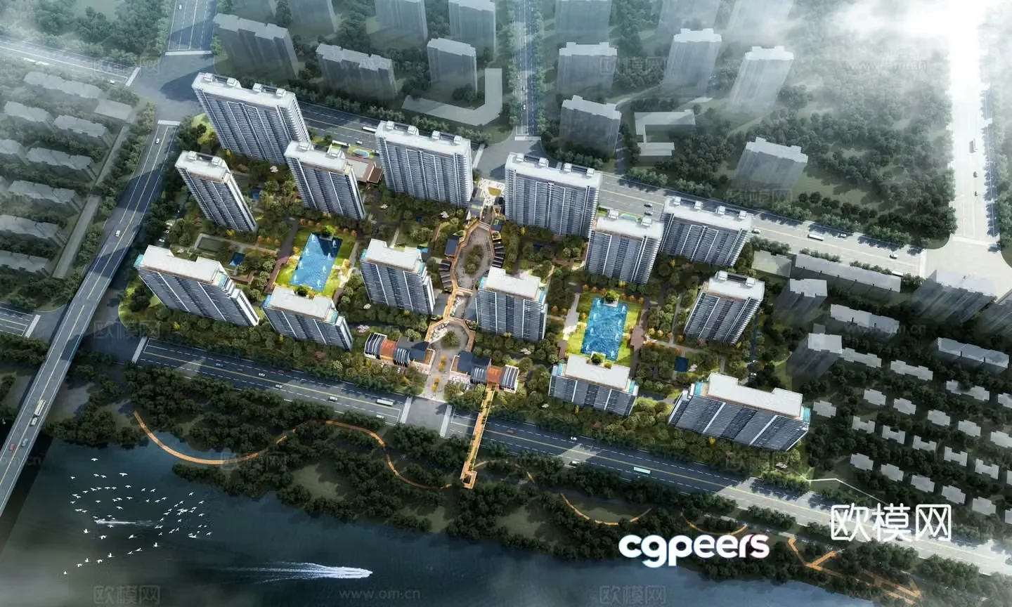 A bird’s -eye view 3D model in modern residential community