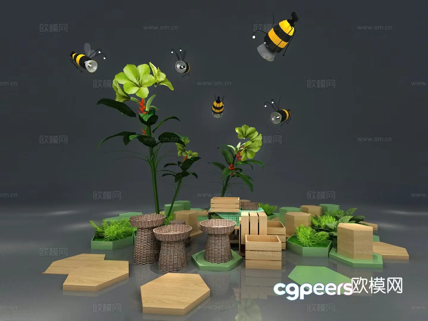 Bee flower bush beautiful 3D model