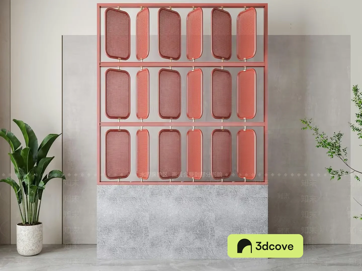 A Modern Shelving Unit With A Pink Metal Frame