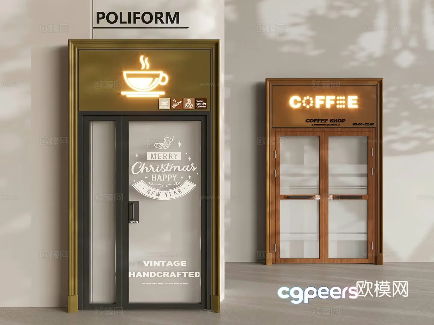 Coffee shop glass side door medieval style coffee shop double door 3D model