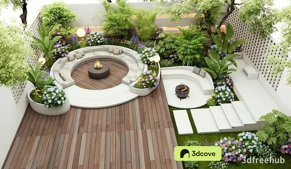 A Modern Backyard With A Fire Pit