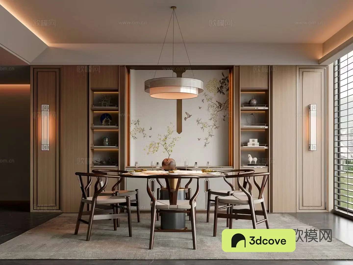 New Chinese restaurant Dining table and chairs Sideboard Decorative cabinet Chandelier Song style