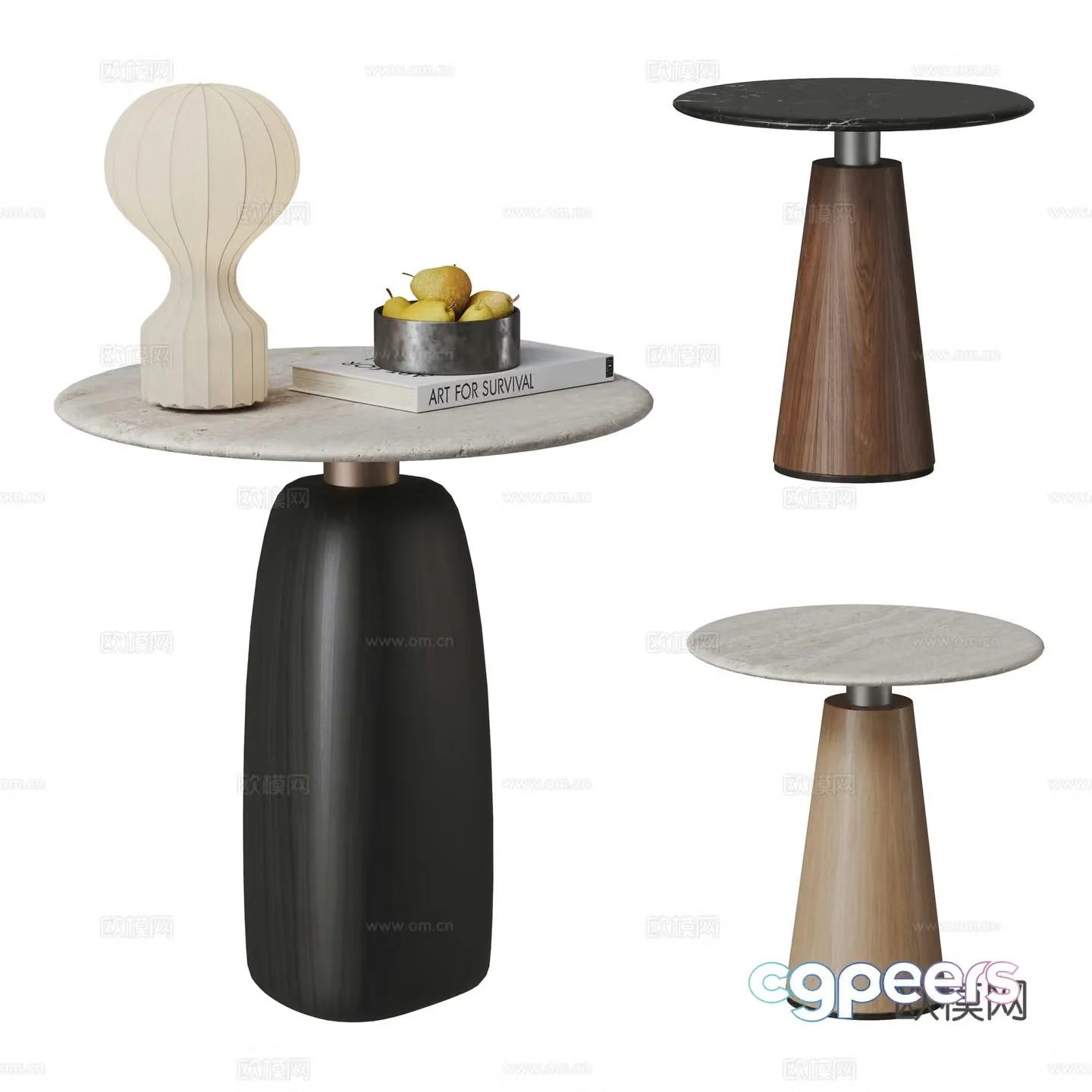 Modern medieval Italian style side combination round side table solid wood side table stone 3D model