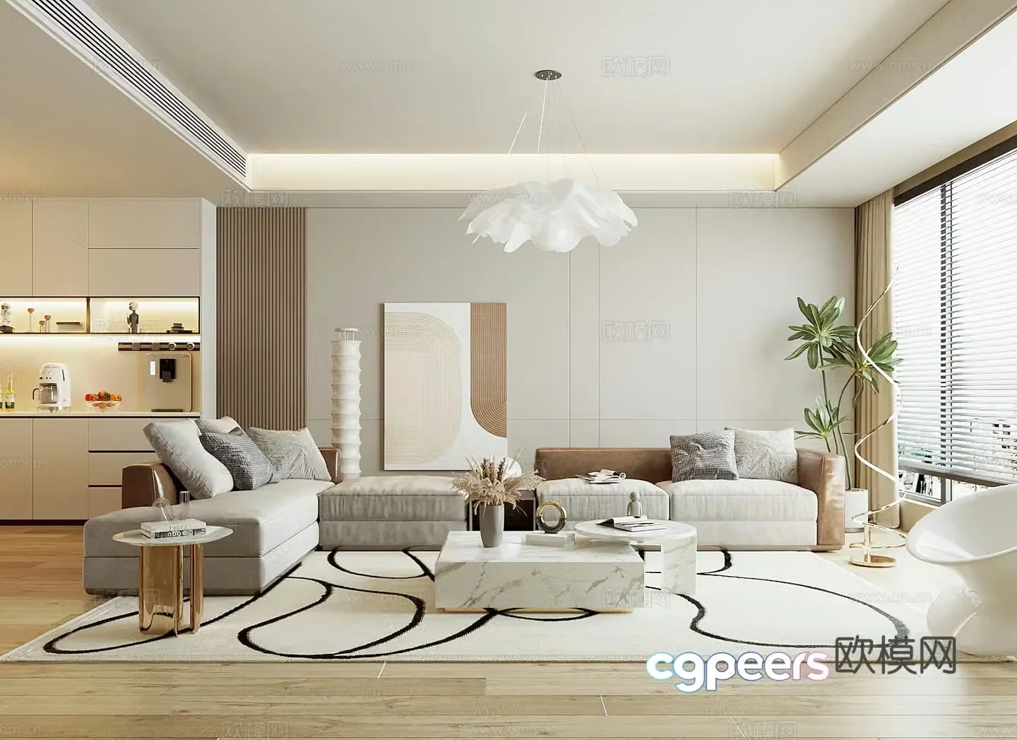 Living room Creamy living room Sofa coffee table Hanging painting Floor lamp Chandelier Indoor green plants Dining 3D model