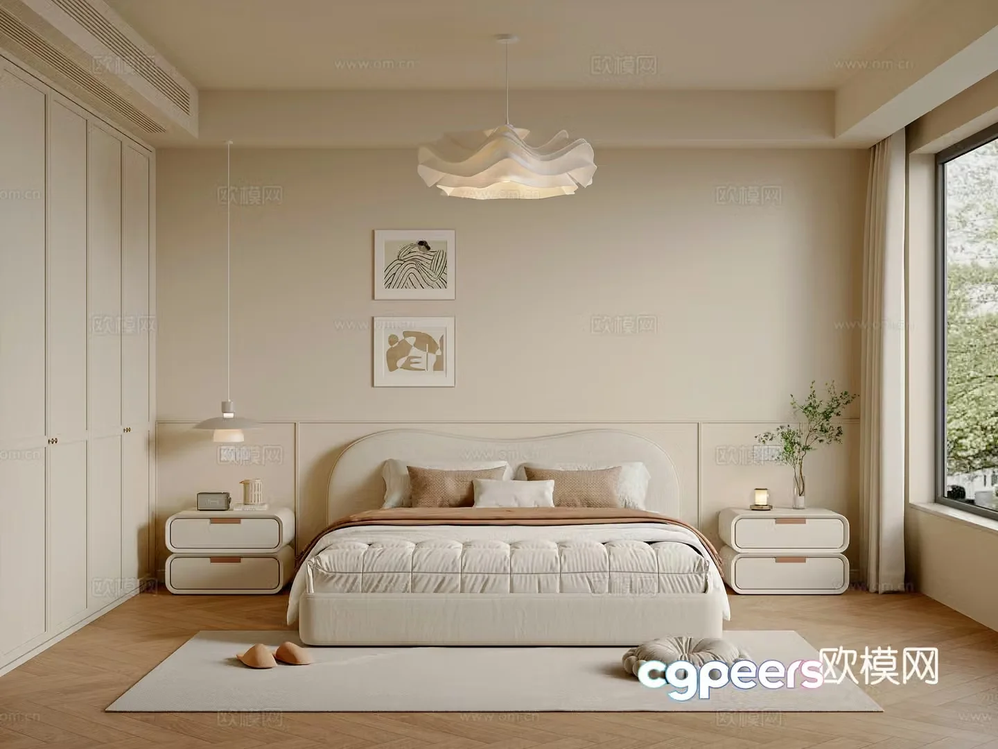 Modern creamy bedroom master bedroom double bed wardrobe hanging painting chandeliers 3d model