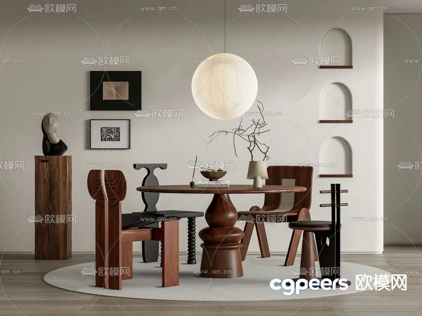Medieval style dining table and chairs round dining table 3D model