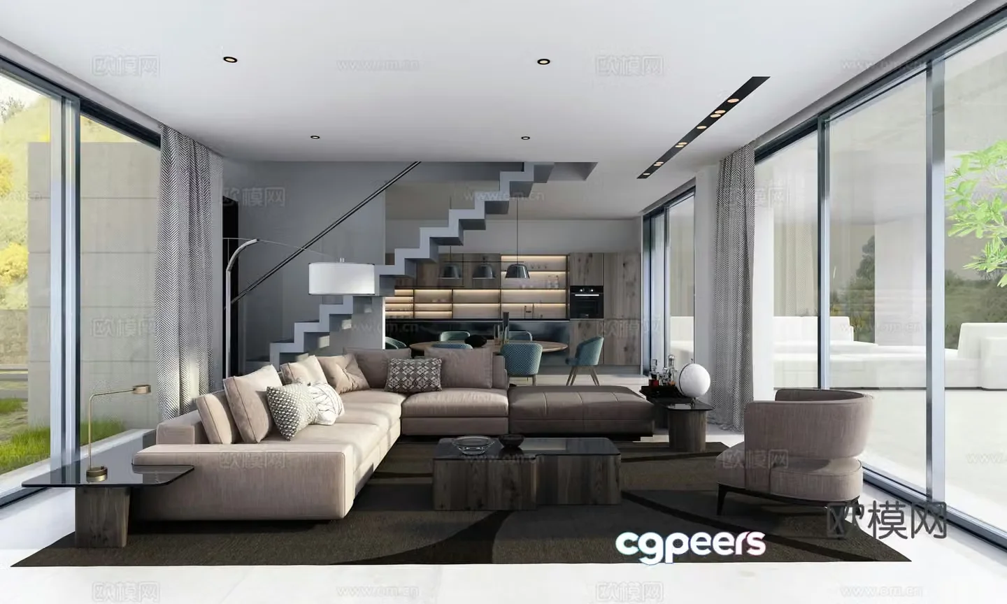 Modern villa living and dining room sofa combination dining table and chair combination open kitchen 3d model