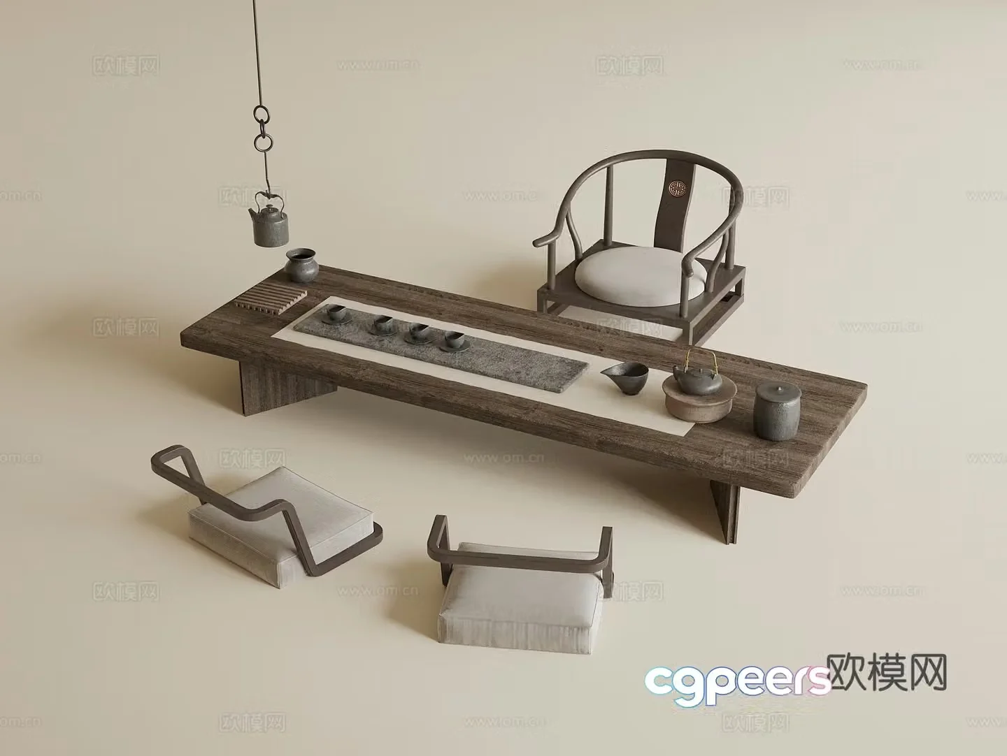 New Chinese-style tatami tea table and chairs cushions tea sets tatami tea room hanging teapot 3D model