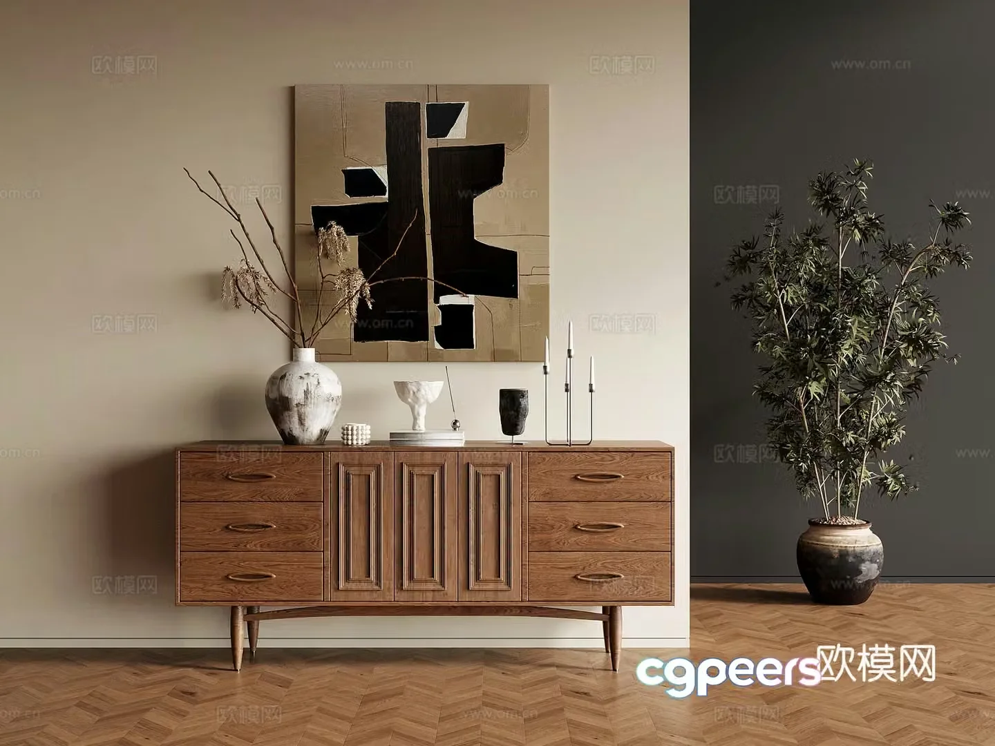 Middle-aged side cabinet end view cabinet side cabinet 3D model