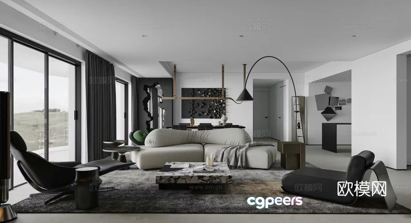 Modern home living and dining room 3d model