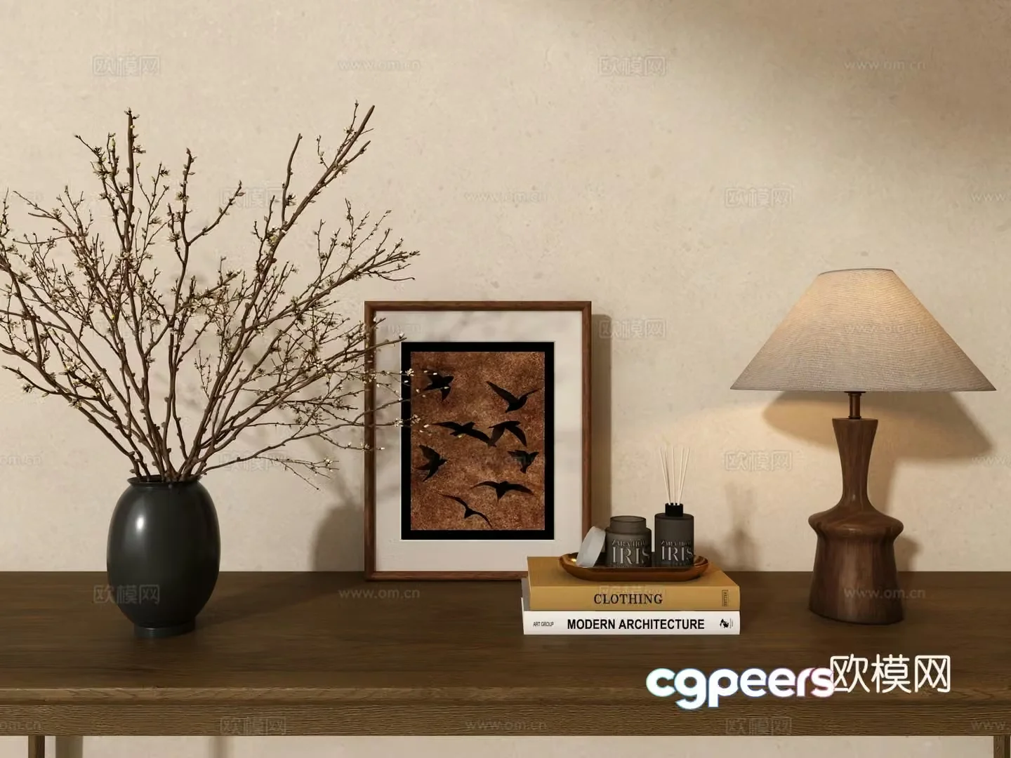 Medium-old style dried branch flower art desk lamp ornament combination 3D model