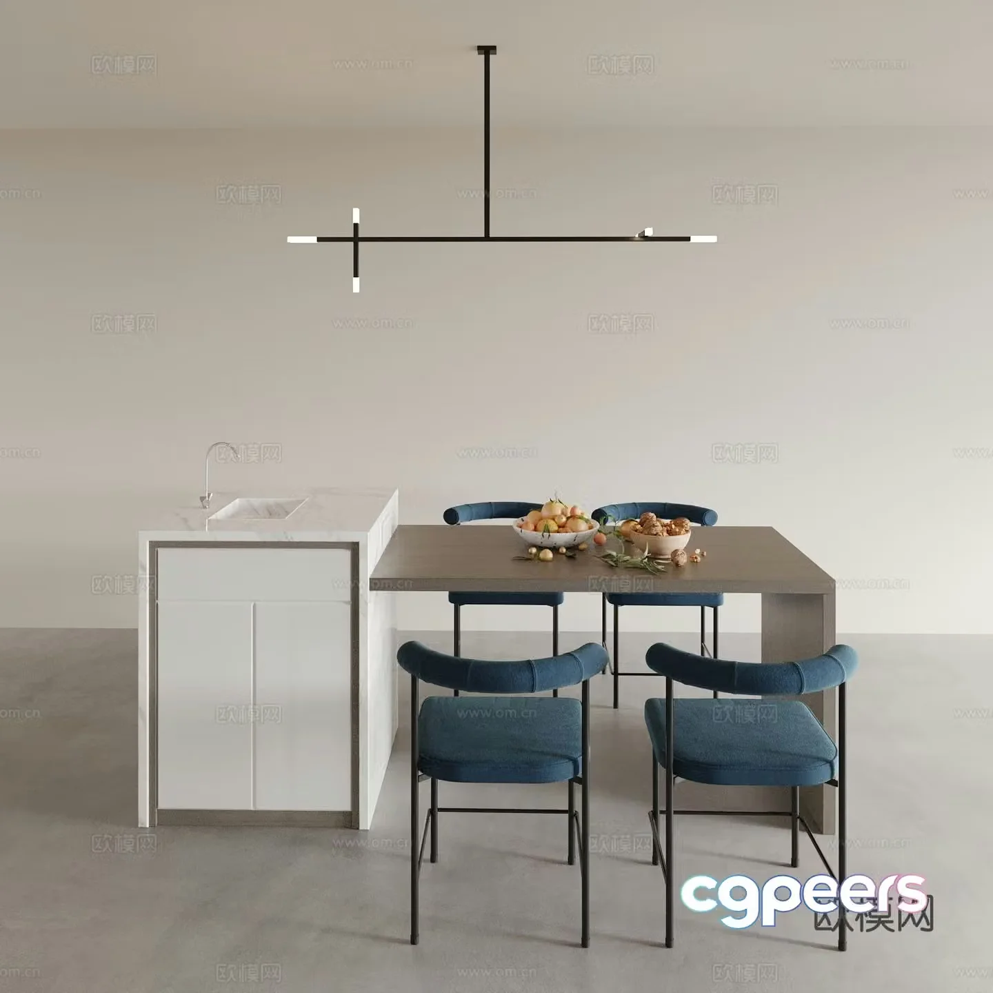 Island dining table and chairs 3d model