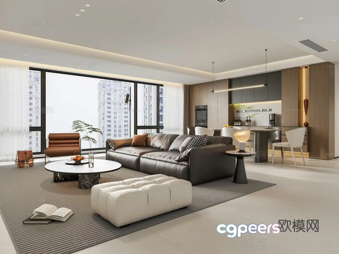 Italian light luxury home living room large flat-level horizontal hall without owner lights sofa and coffee table combination dining table and chair 3D model
