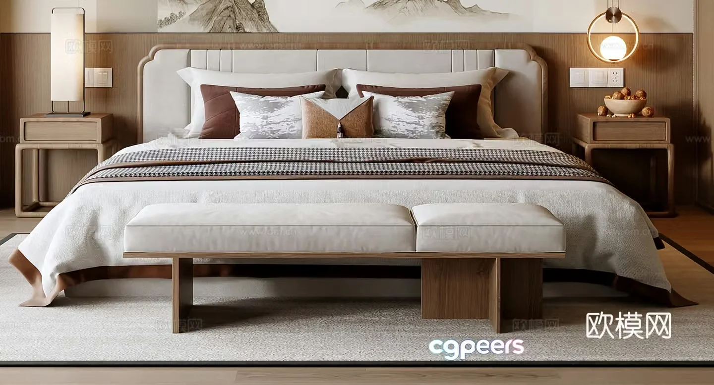 New Chinese style double bed 3D model