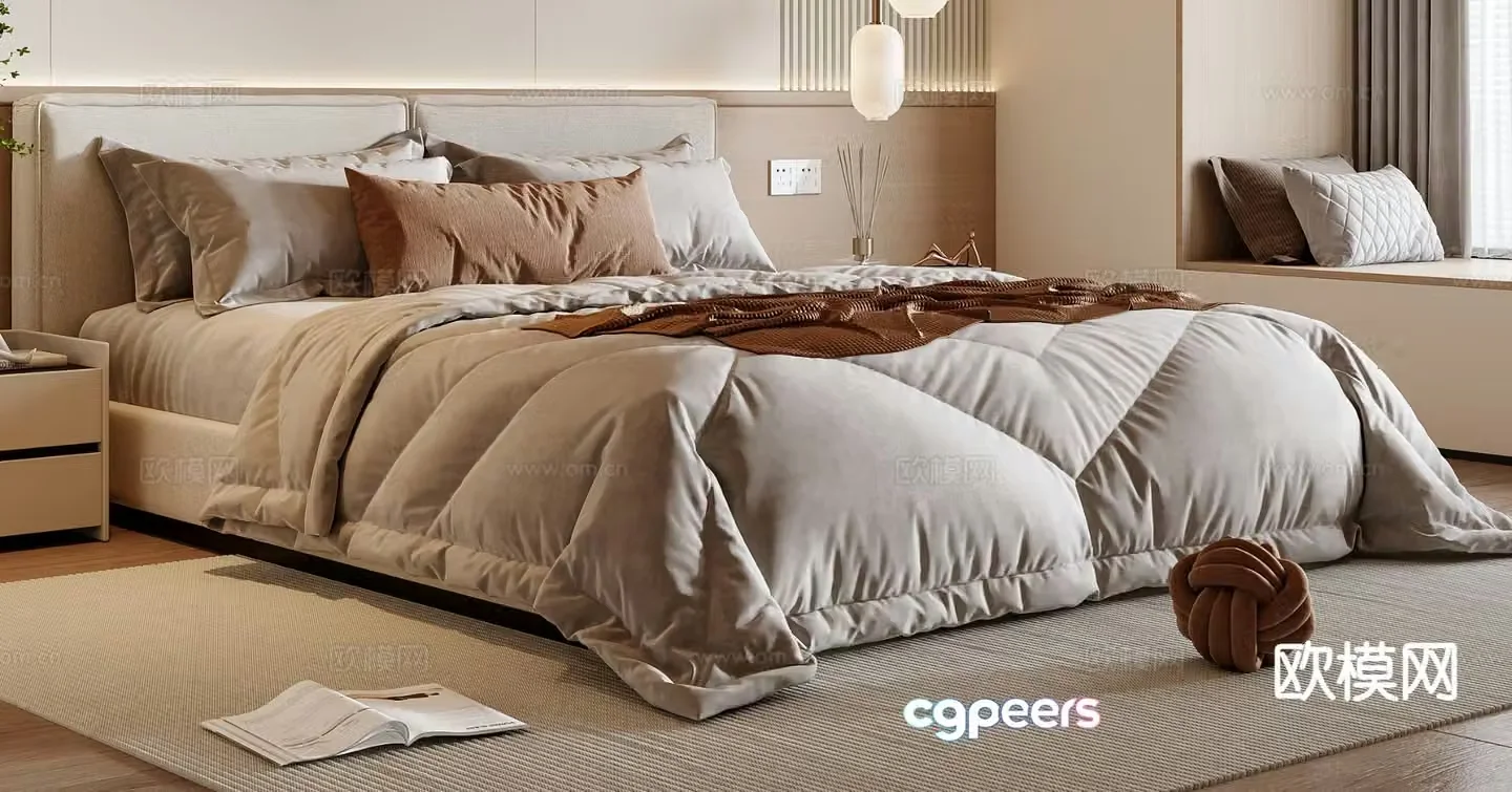 Cream style double bed 3d model