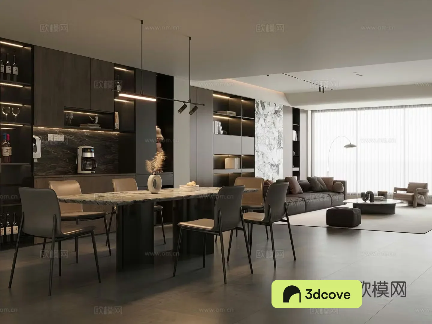 Italian dining room marble dining table and chairs sideboard wine cabinet leather sofa coffee table combination