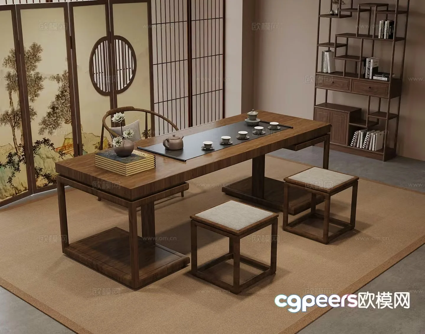 New Chinese style tea table and chairs tea set Bogu rack 3D model