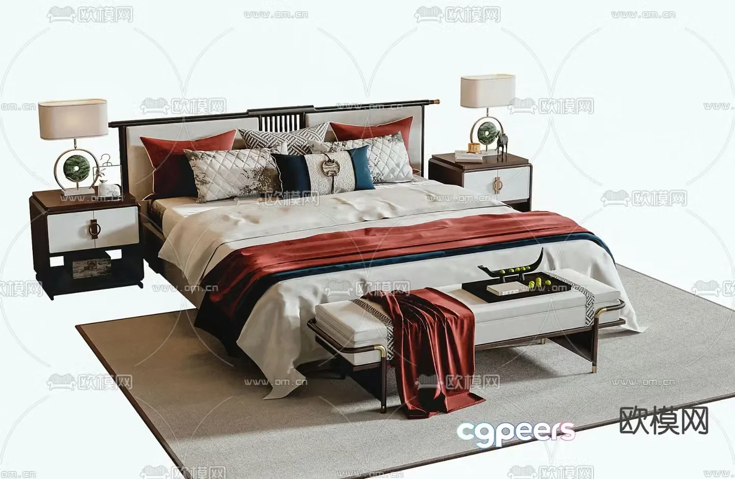 New Chinese style double bed 3d model