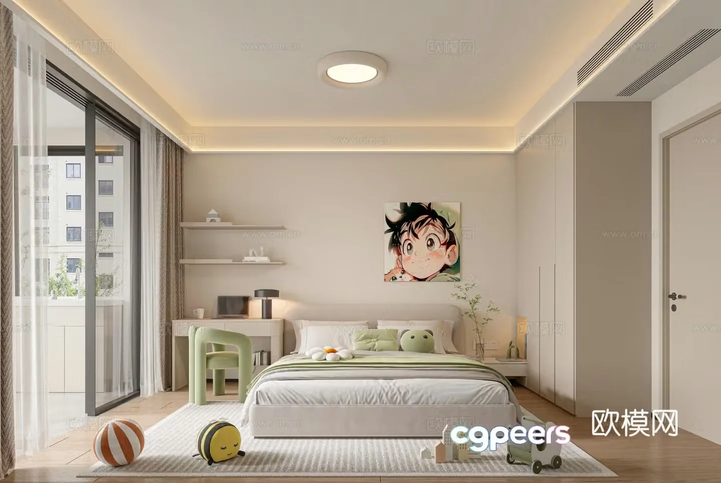 Modern creamy style kids room bedroom 3d model