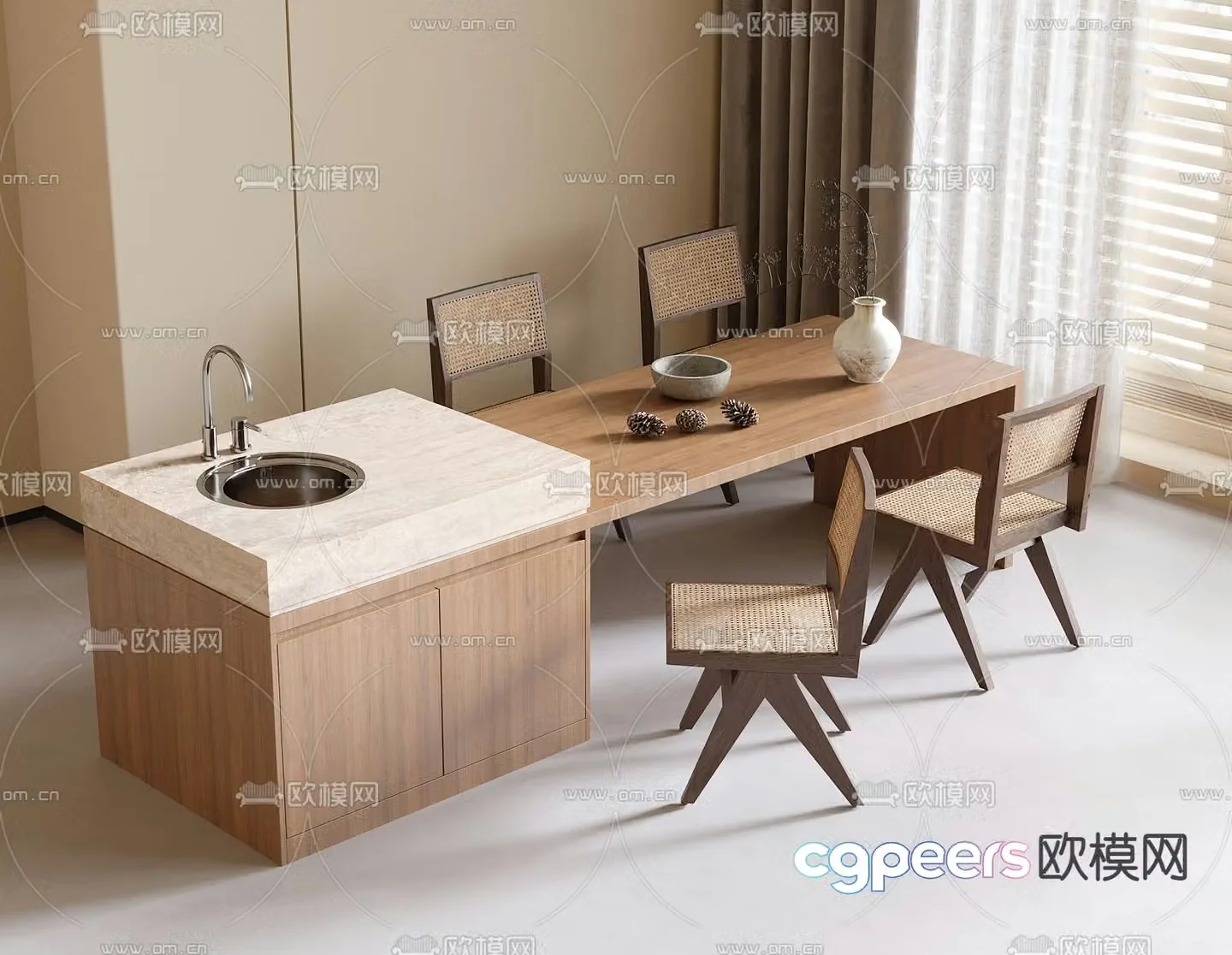 Medieval style island dining table and chairs 3D model
