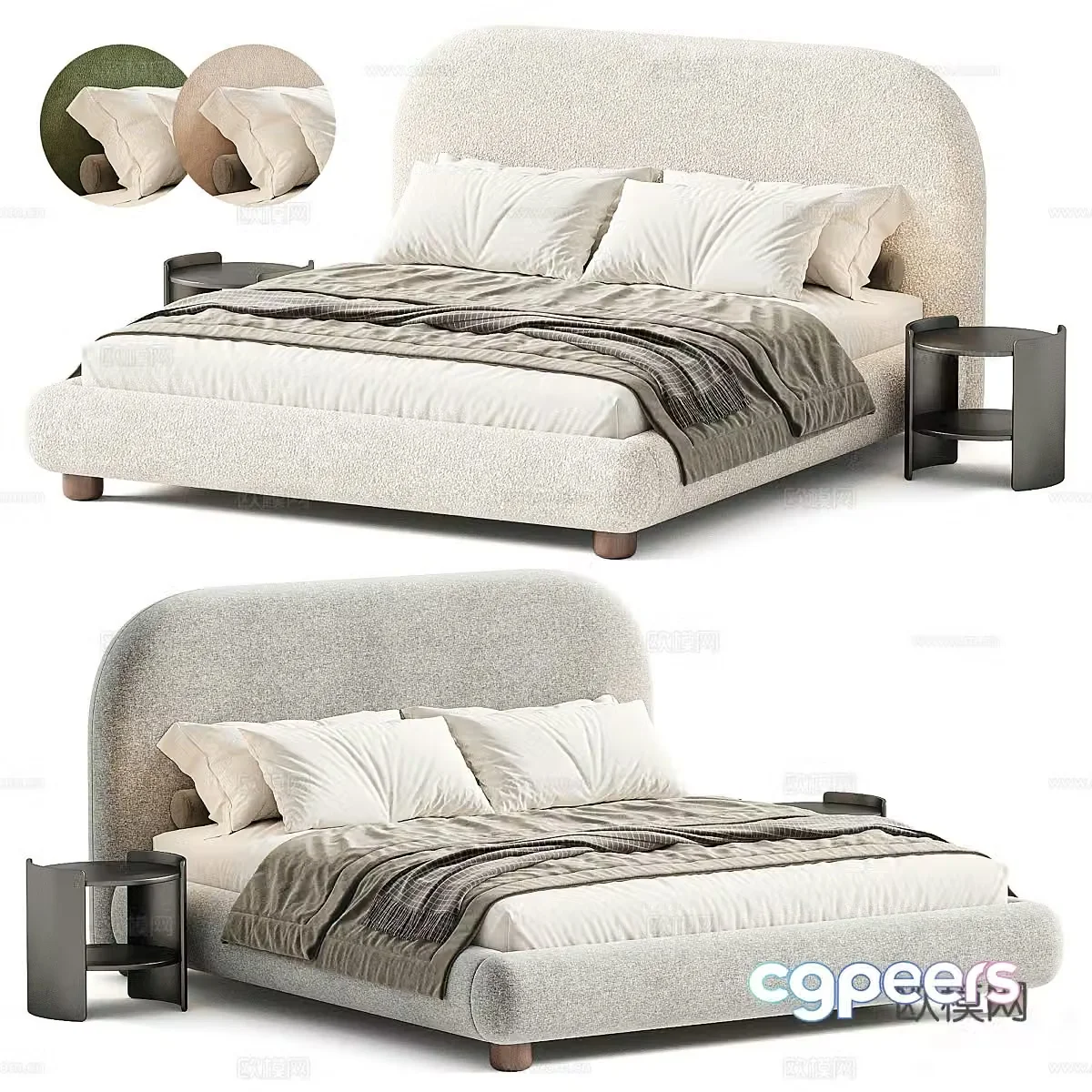 Modern cream style fabric double bed 3d model