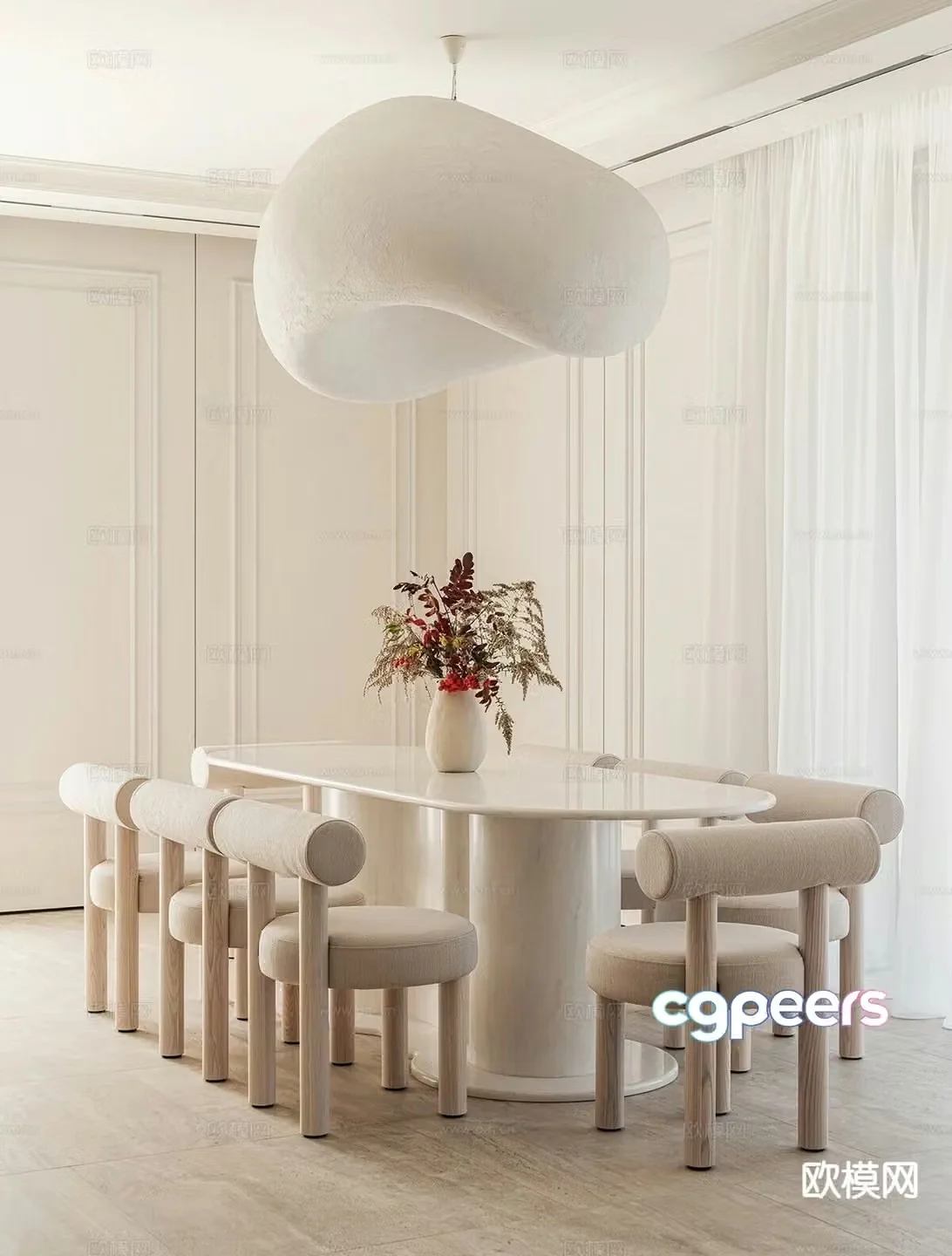 Cream style dining table and chairs oval dining table 3d model