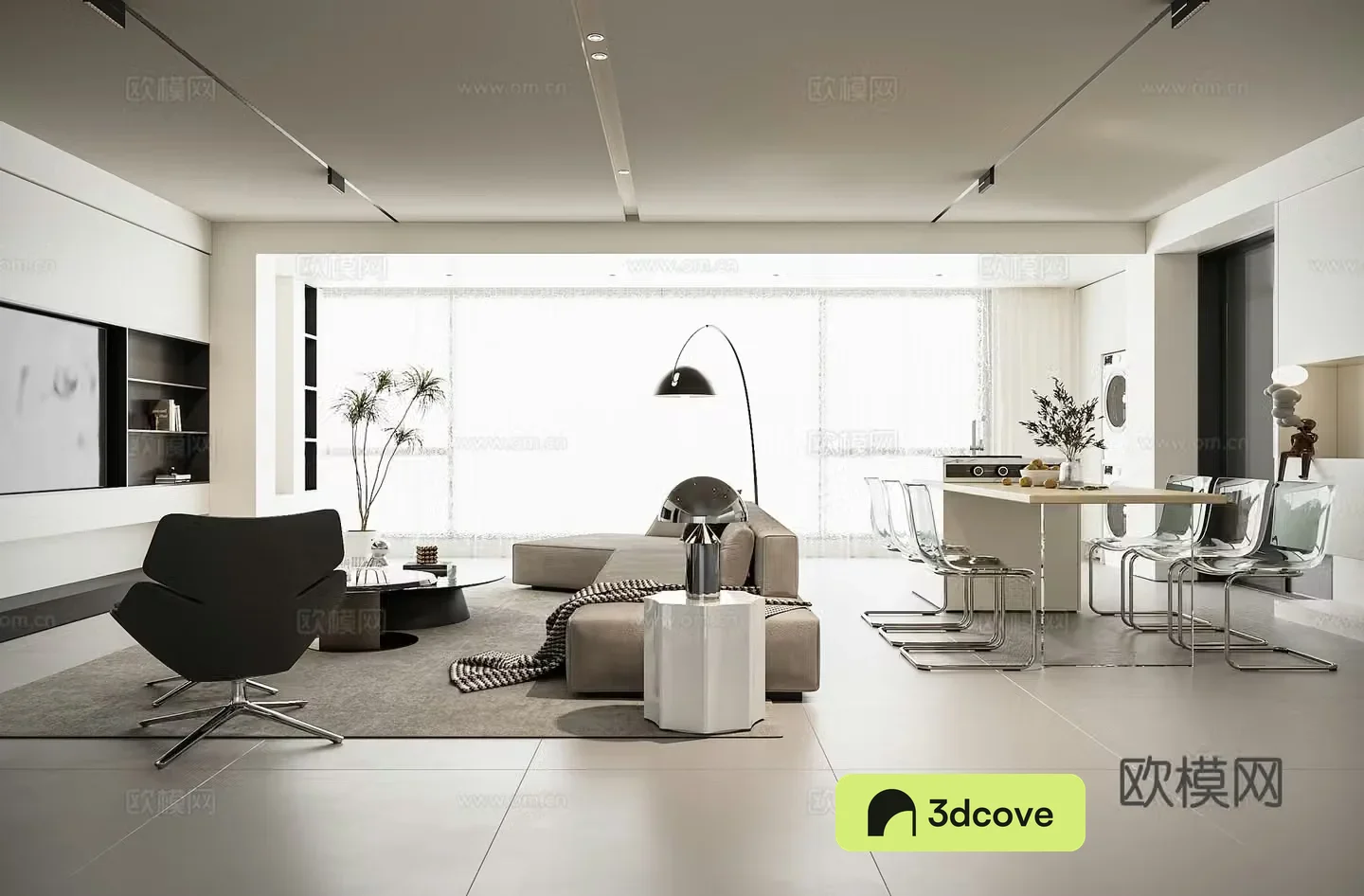 Modern minimalist horizontal living and dining room