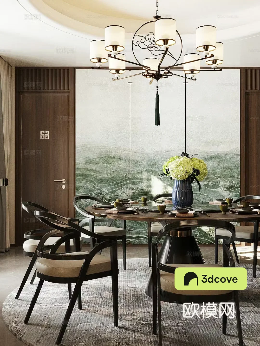 New Chinese restaurant private room dining table and chair combination chandeliers combination tableware combination
