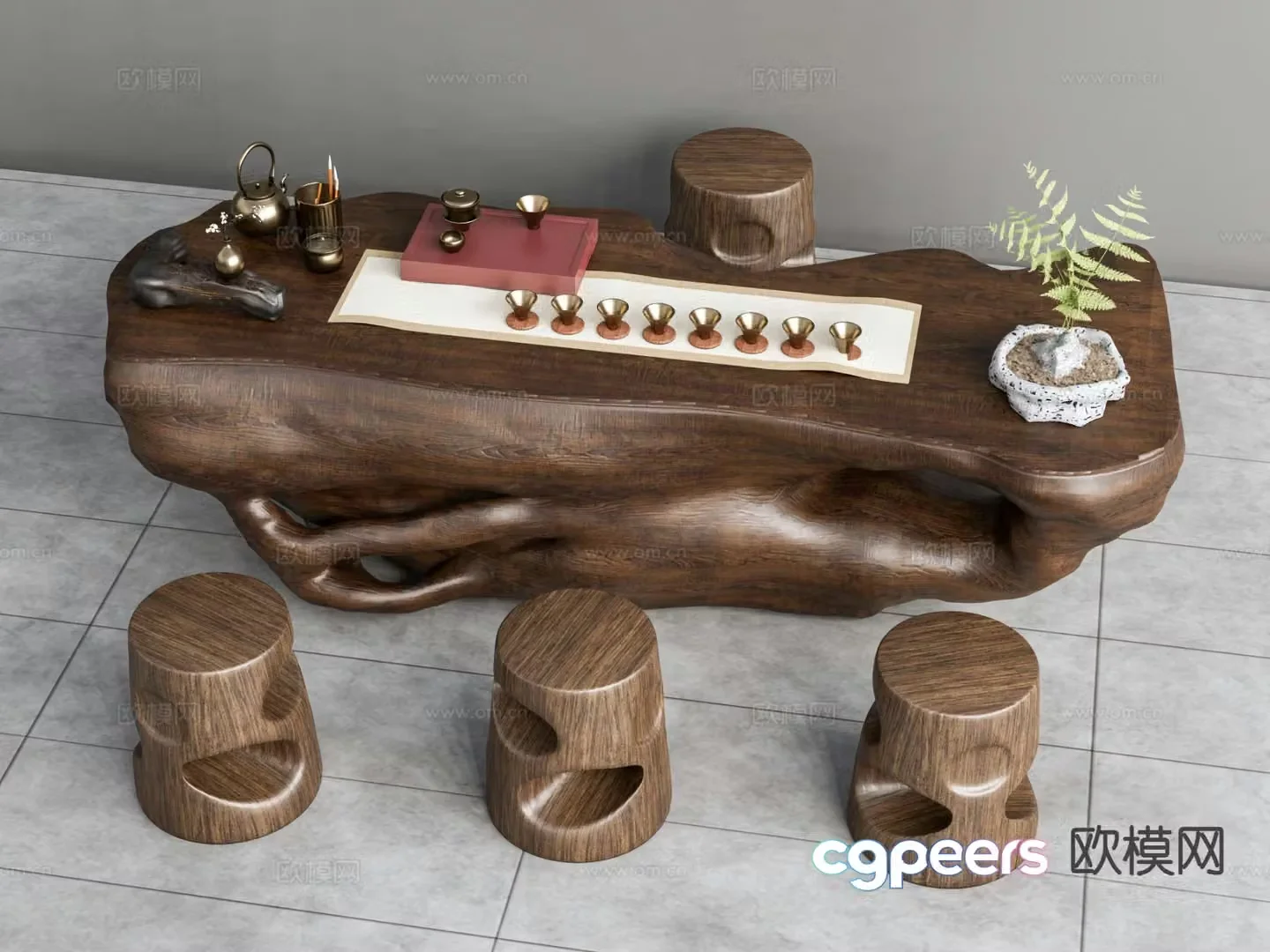 New Chinese style tea table root carving tea table and chair 3D model