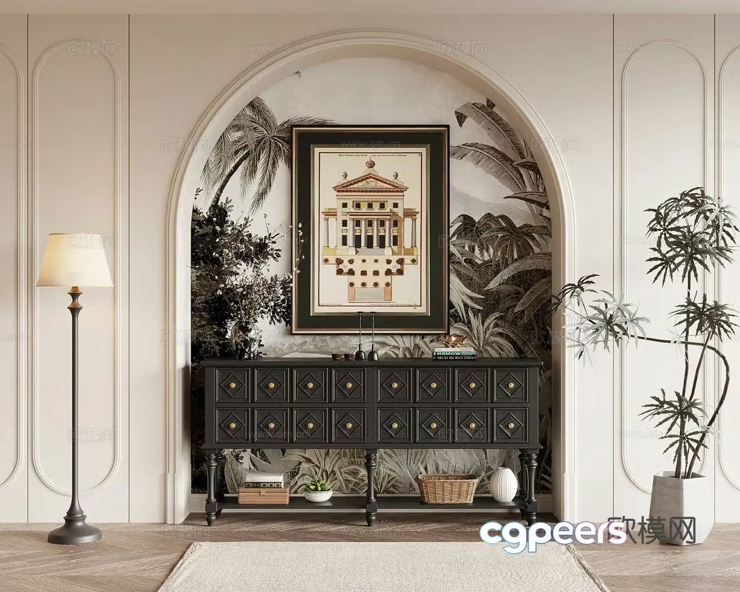 French retro style entrance cabinet side cabinet end view cabinet 3D model