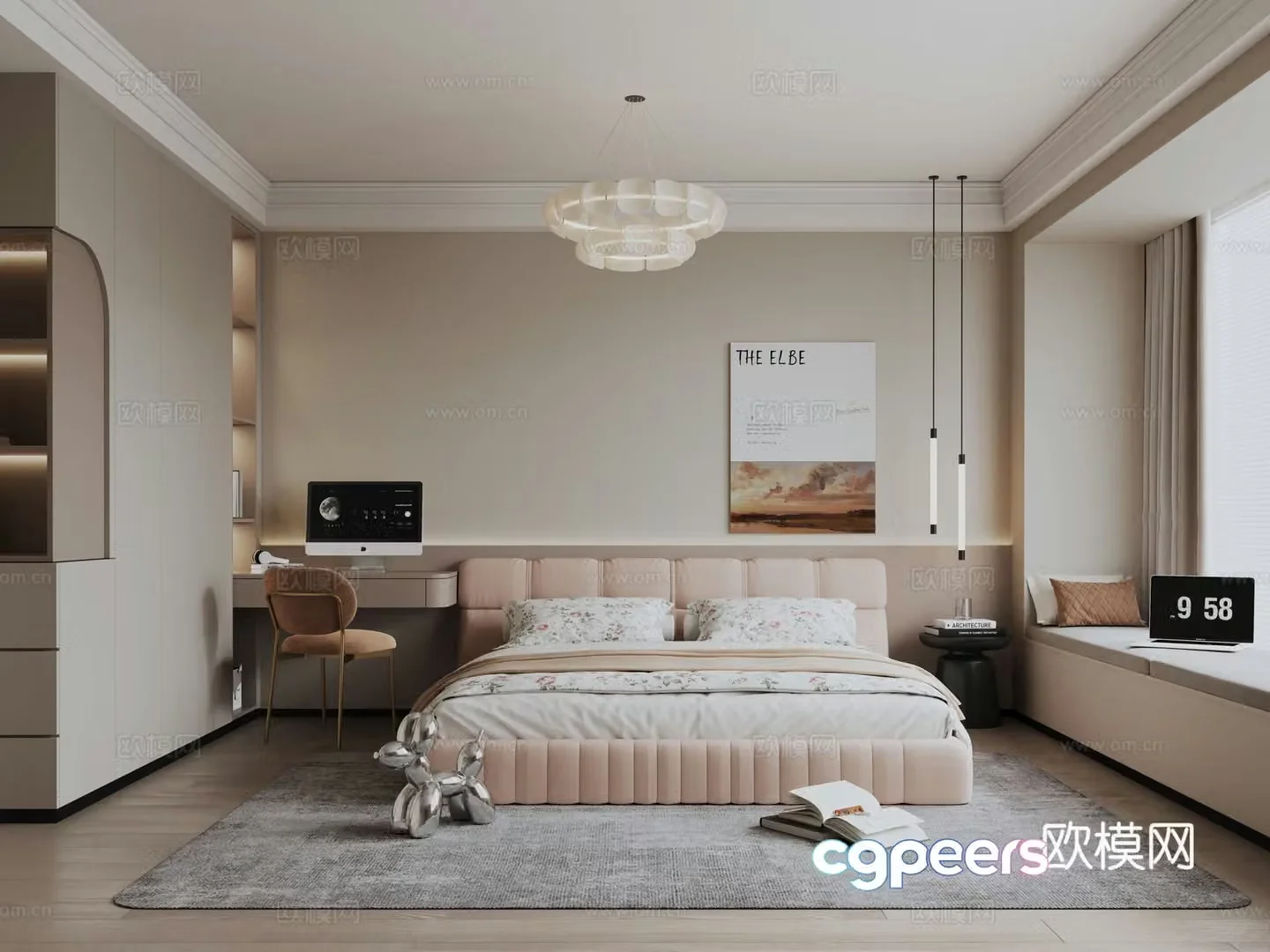 Modern creamy bedroom 3d model