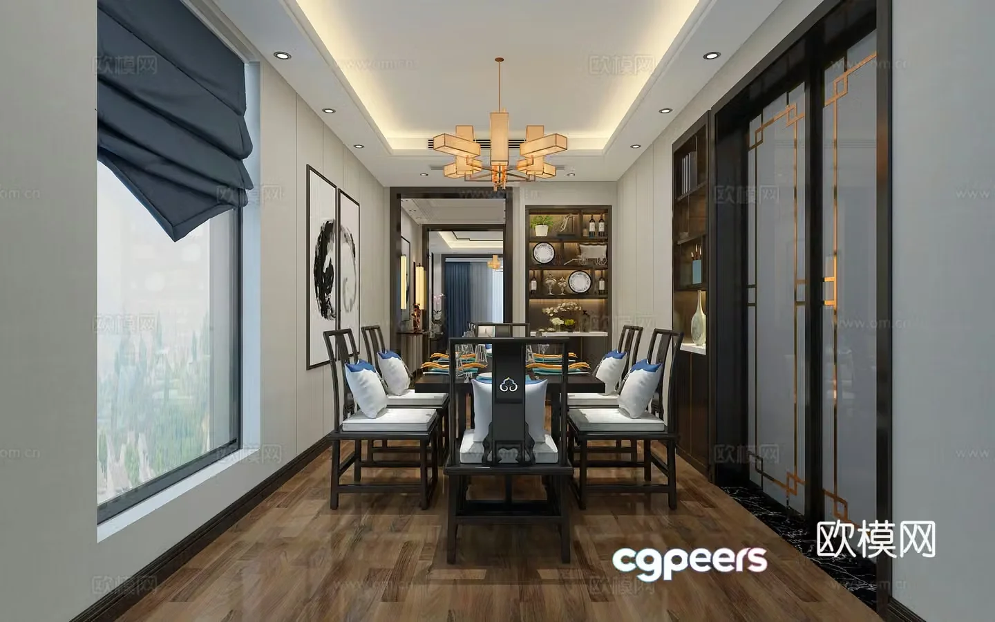 New Chinese style living and dining room sofa and coffee table dining table and chairs hanging paintings objects ornaments chandeliers 3D model