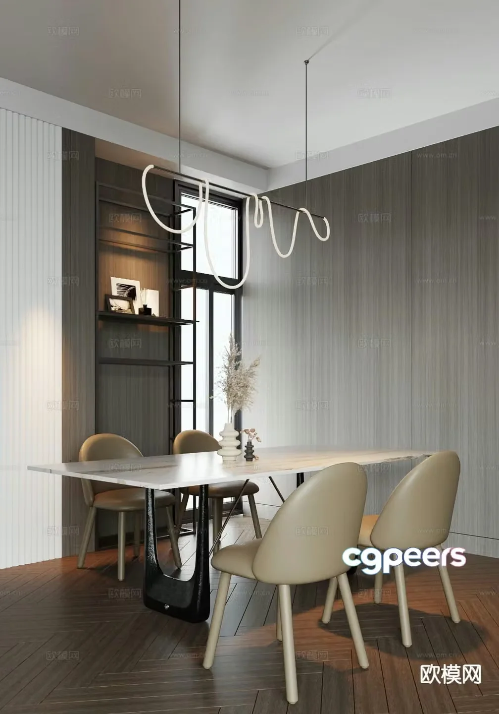 Modern long dining table and chairs 3d model