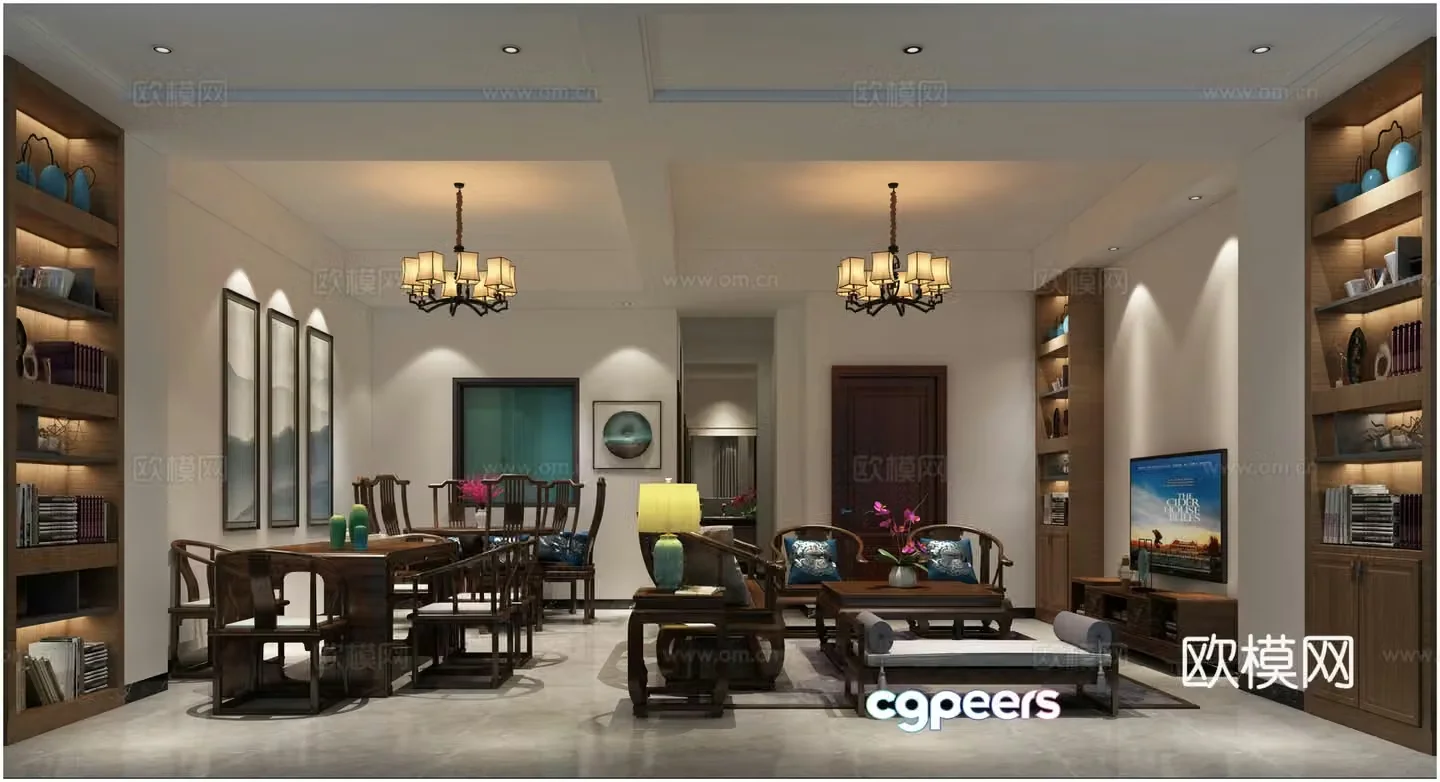 Chinese living and dining room tea area restaurant sofa coffee table chandelier dining table 3D model