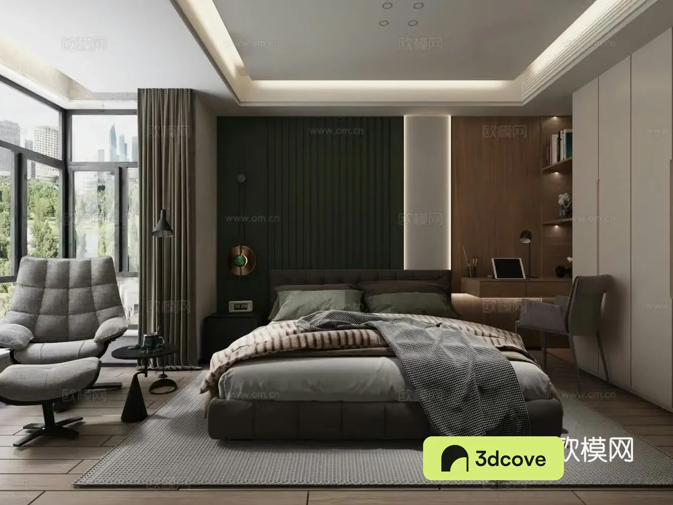 Modern bedroom double bed desk wardrobe leisure chair
