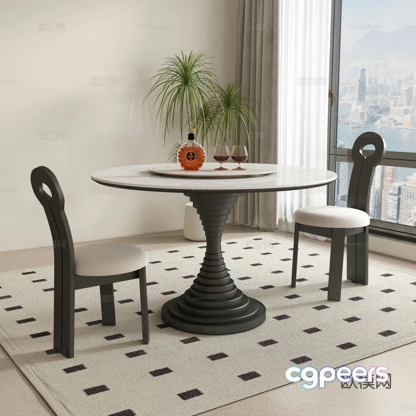 French round dining table and chair 3d model