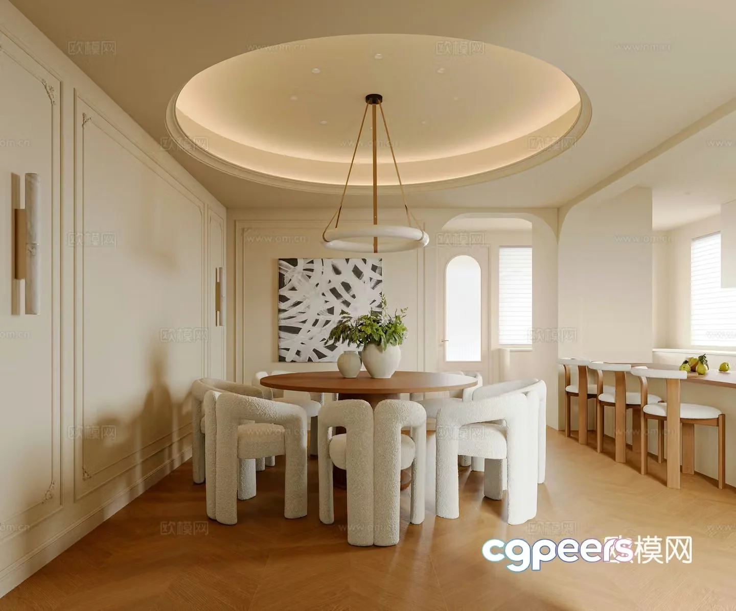 French Cream Restaurant Round Dining Table Chandelier Hanging Painting Card Dining Chair 3D Model