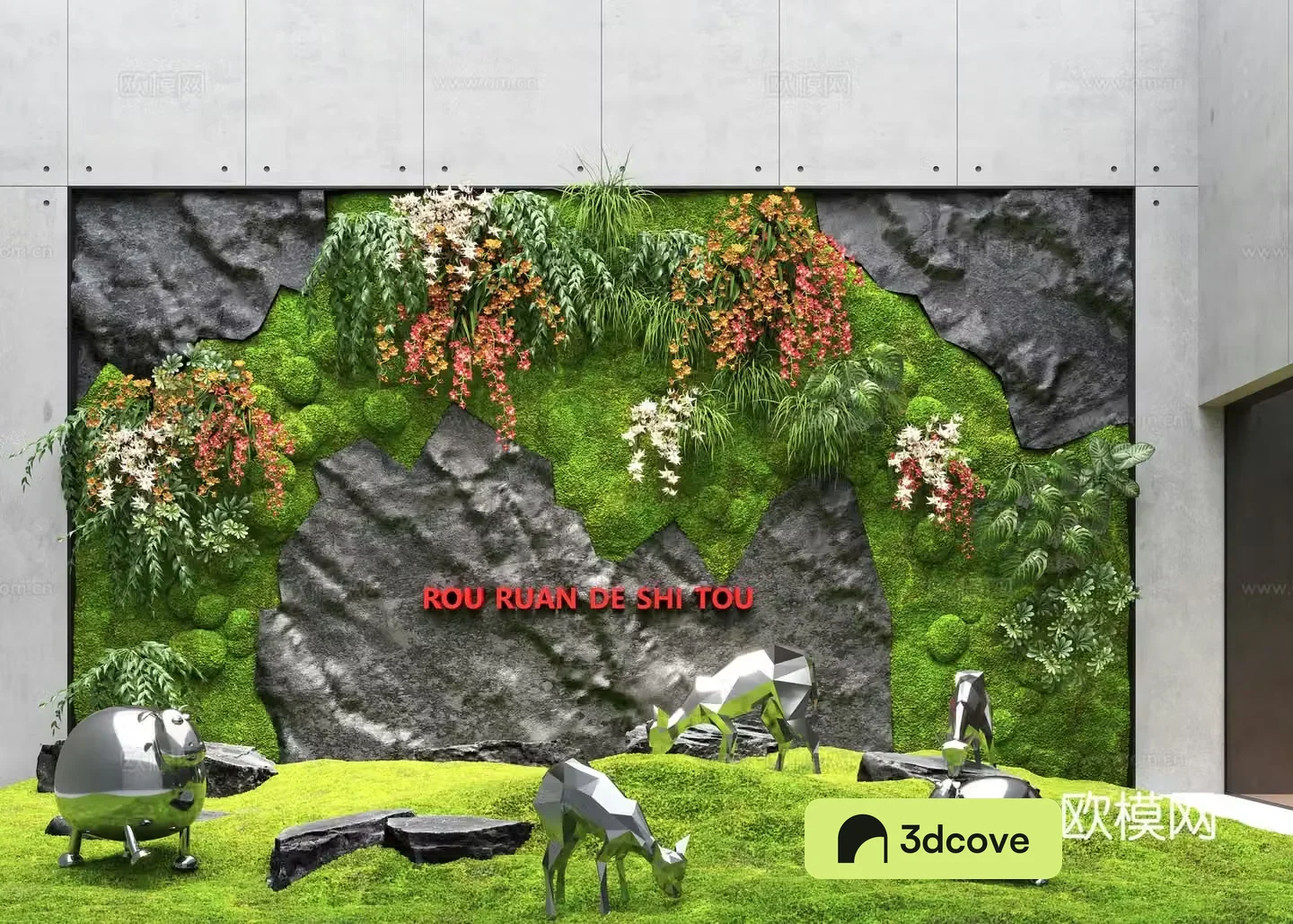 Modern interior landscape landscaping moss landscape plant wall landscape wall metal installation sculpture
