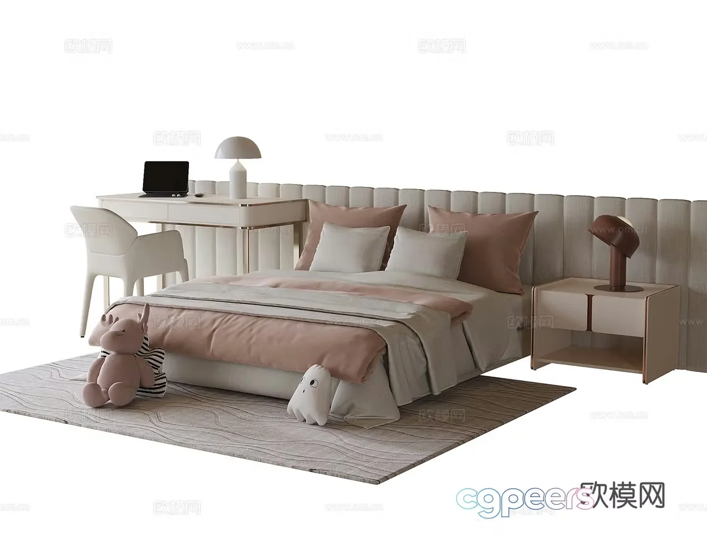 Modern children’s bed single bed dressing table desk chair 3d model
