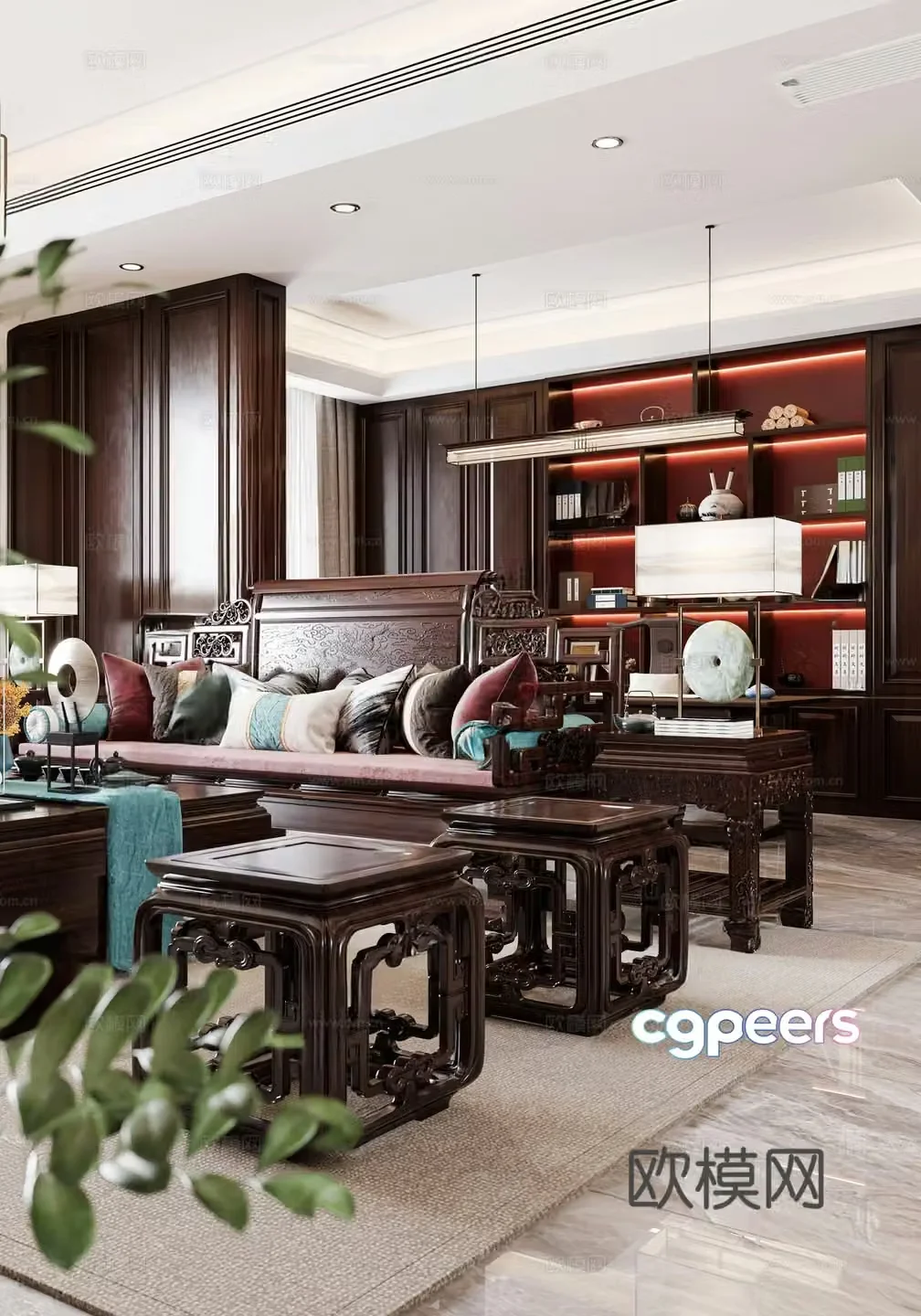 New Chinese style multi-person sofa living room 3D model