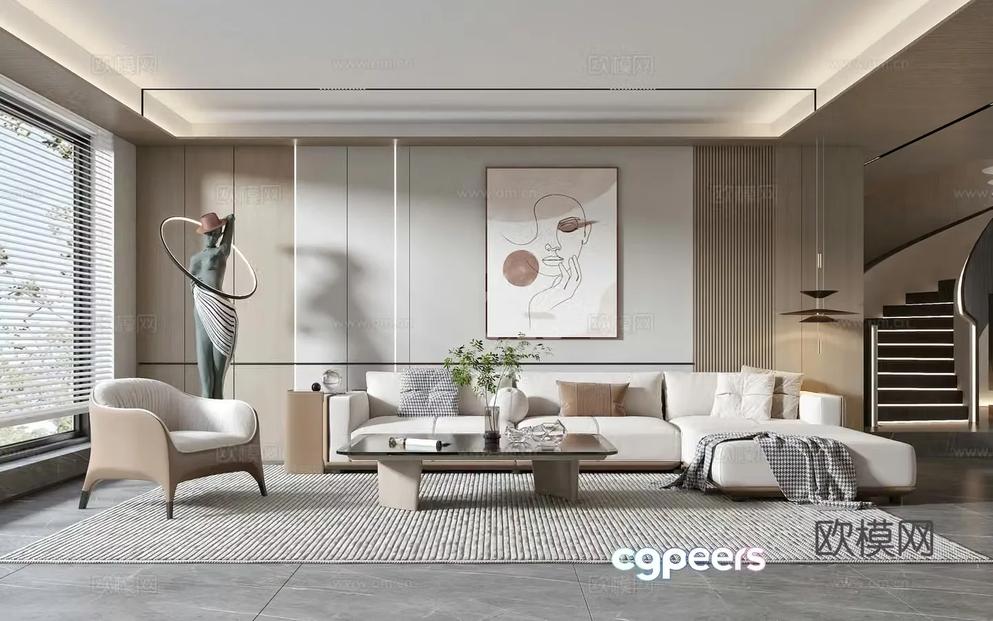 Modern living room modern sofa coffee table combination modern background wall 3d model