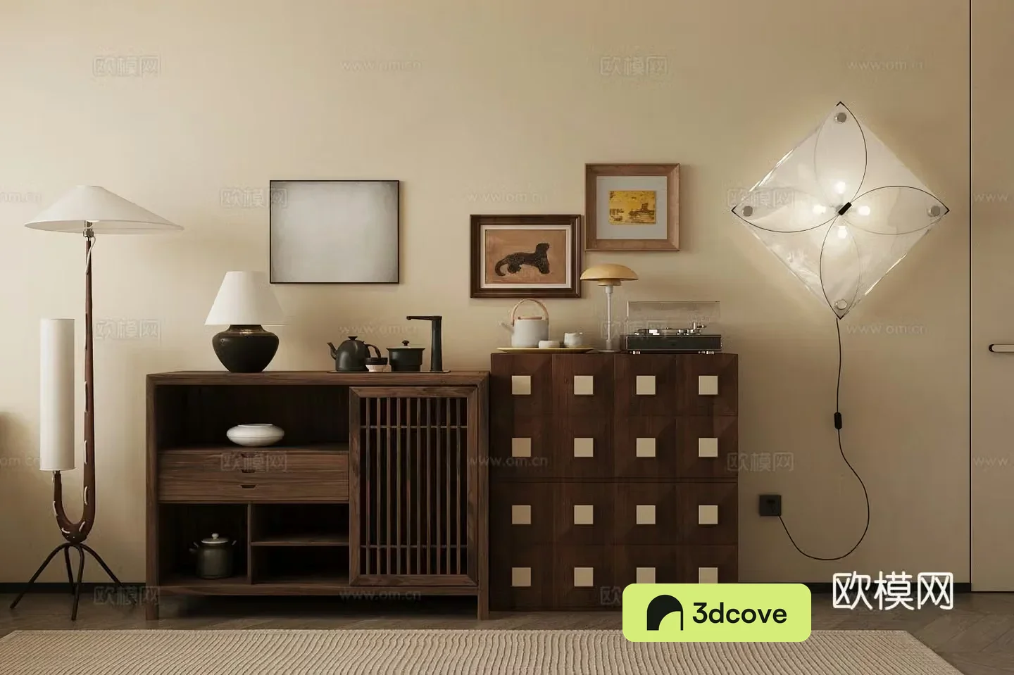 Middle-aged style entrance cabinet Tea cabinet Small tea table Cupboard Solid wood side cabinet Middle-aged style ornament combination 3D model