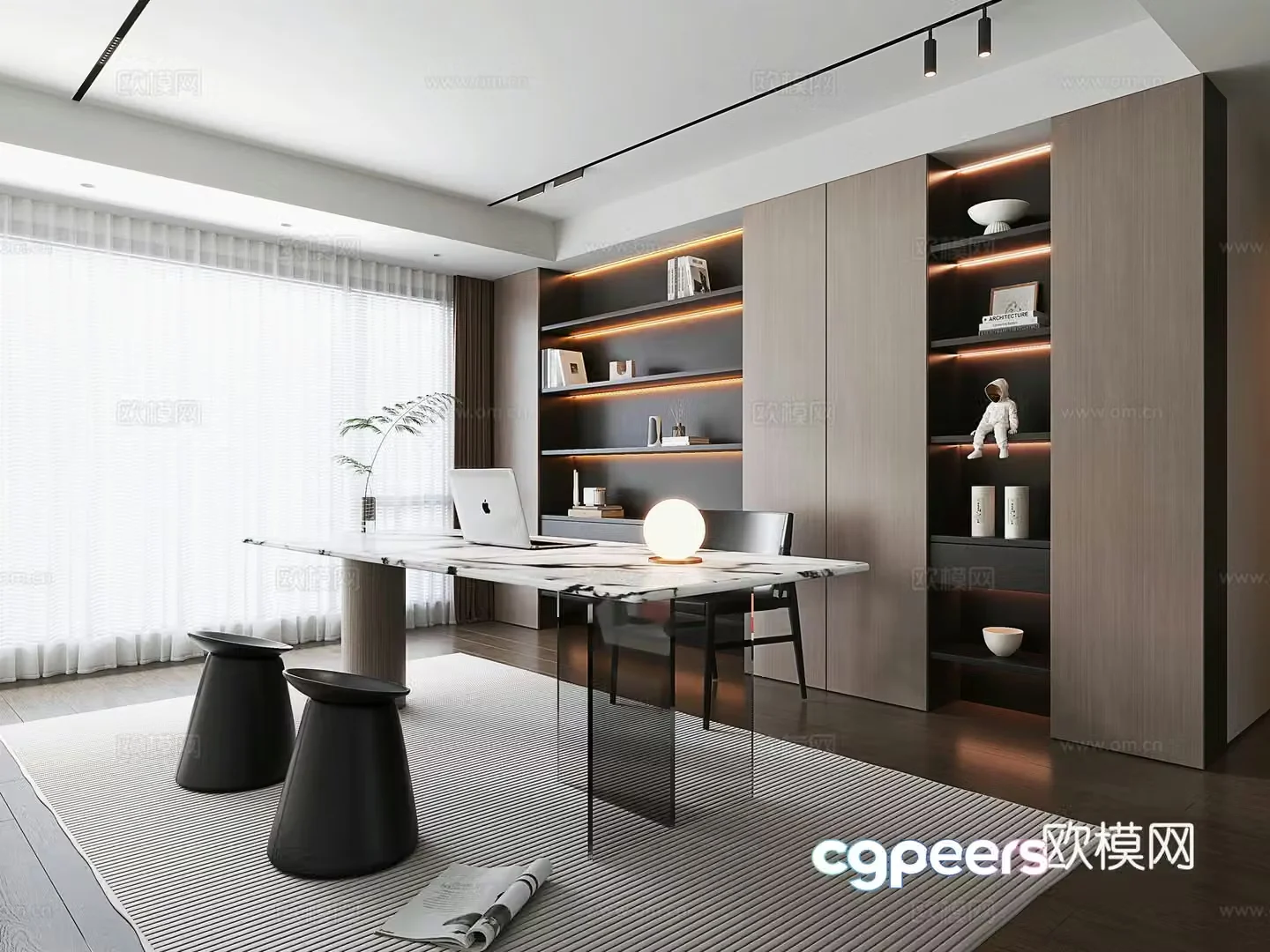 Italian style study Italian bookcase desk chair leather stool book ornament combination 3D model
