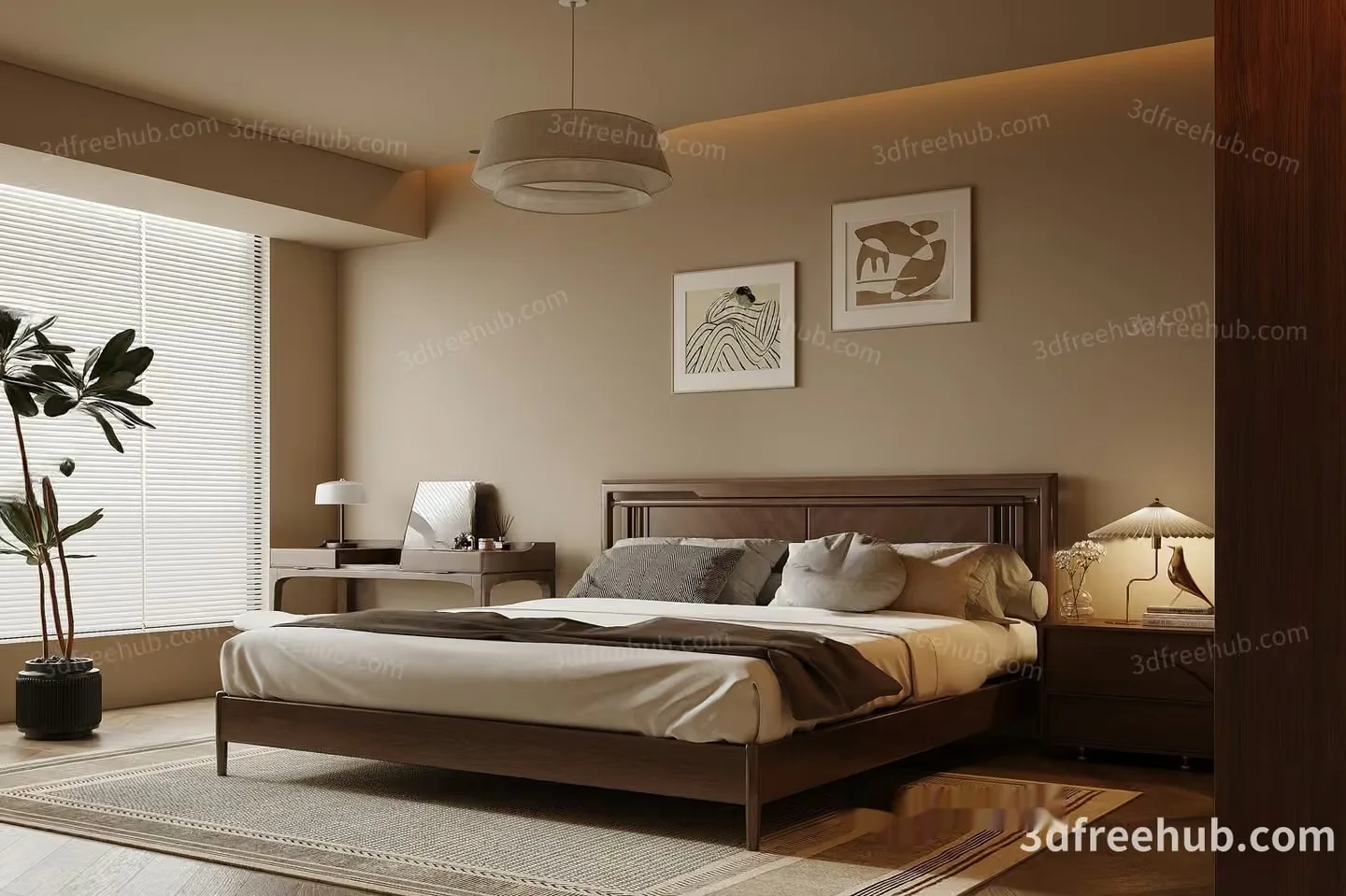 Cozy Bedroom With A Large Bed 3D Model – 22642 – VRAY Render