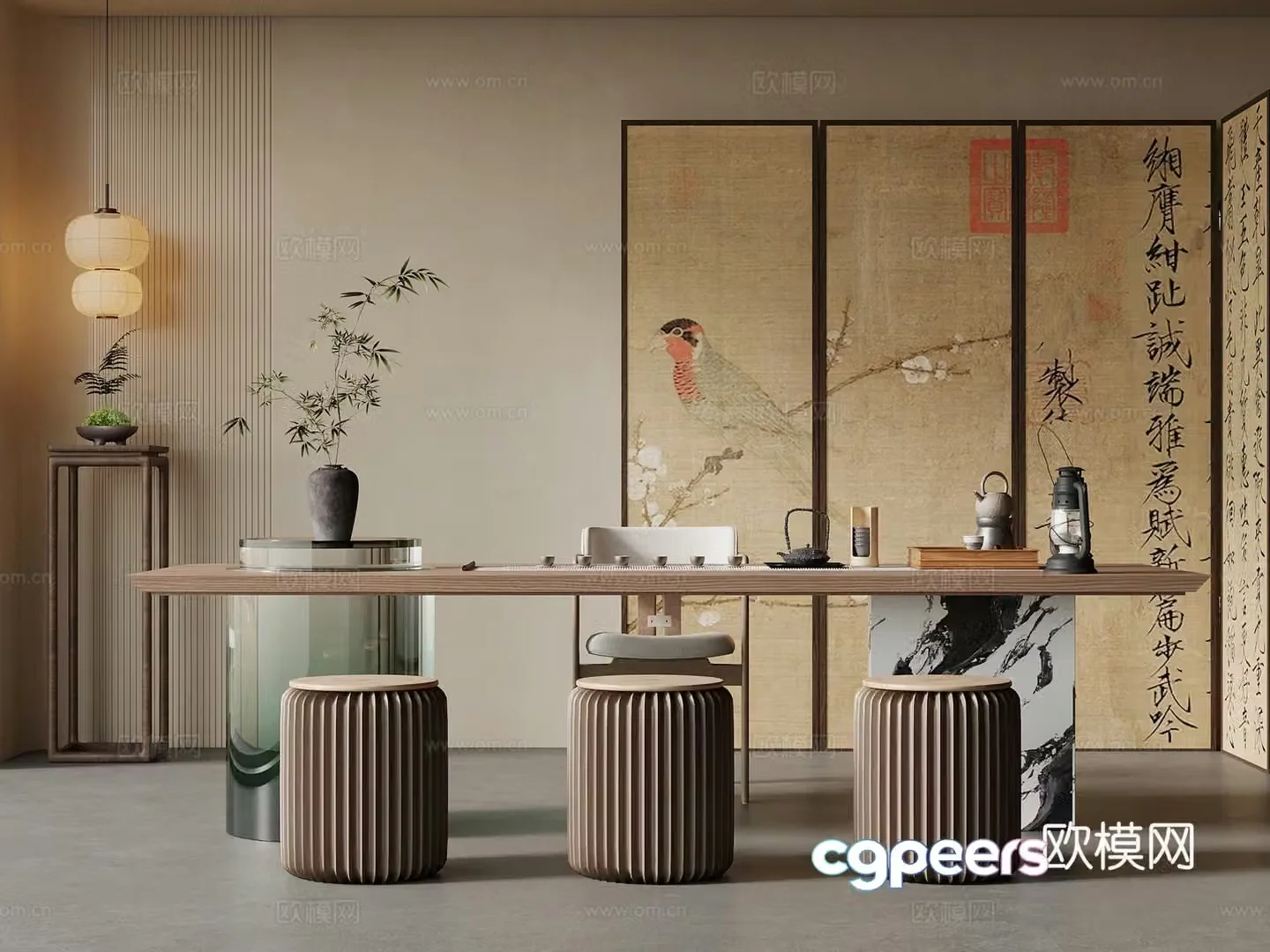 Tea room New Chinese style tea room Tea table and chair combination Tea table Screen 3D model