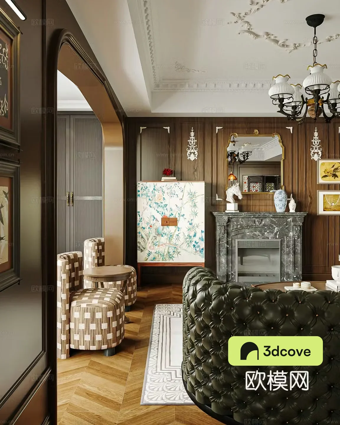 American retro horizontal hall sofa and coffee table combination American dining table and chair combination chandelier large flat living room